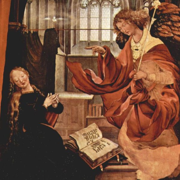 Matthias Grünwald: Verkündigung, Ausschnitt aus einer Tafel des Isenheimer Altars (vermutlich 1512-1515)