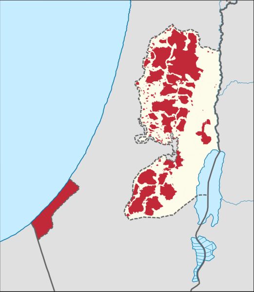 Palästinensische Autonomiegebiete: rot = palästinensisch besiedelt, weiß = de facto israelisch, die palästinensische Autonomiebehörde erhebt auf diese Gebiete Anspruch