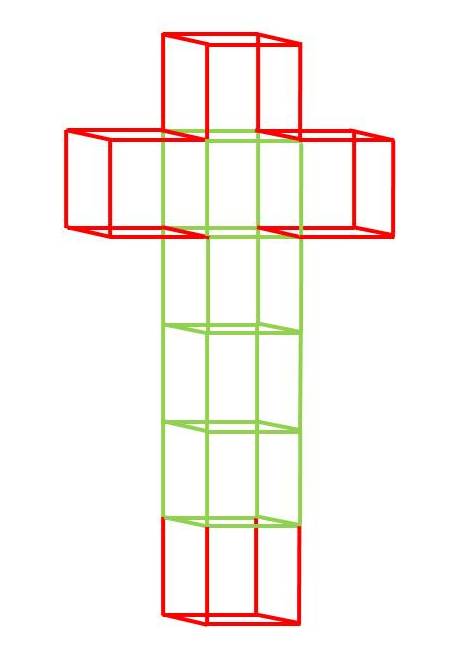 4-dimensionales Objekt, "aufgeklappt", die roten Linien sind die doppelten